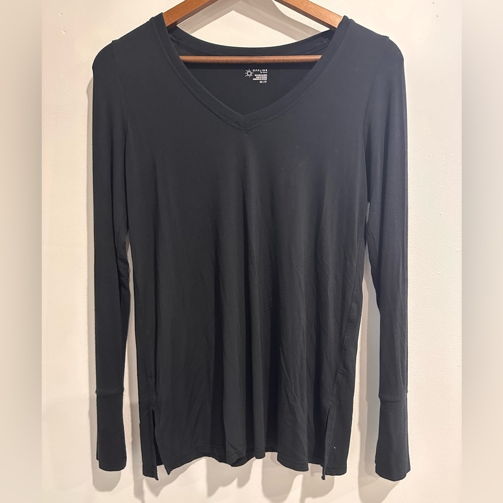 OFFLINE BY AERIE Black Altheisure Loungewear V-Neck Long Sleeve Size XS